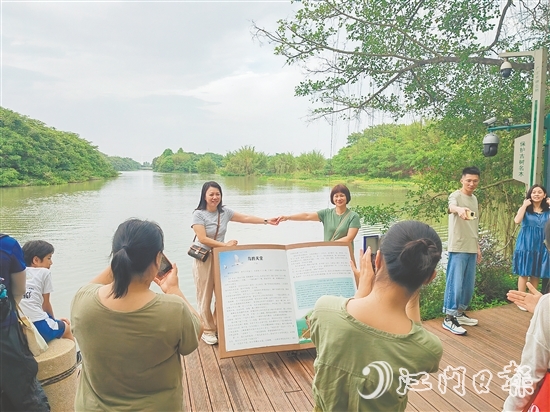 游客紛紛與“鳥的天堂”合影。