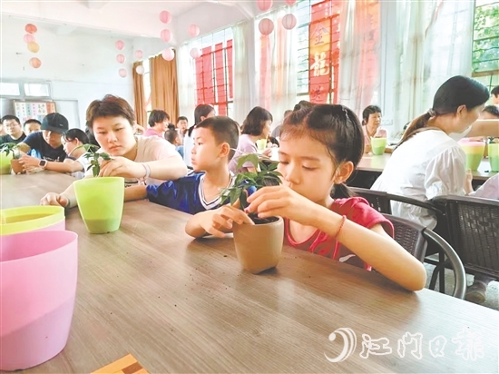 活動(dòng)期間，家長與孩子共同制作盆栽。