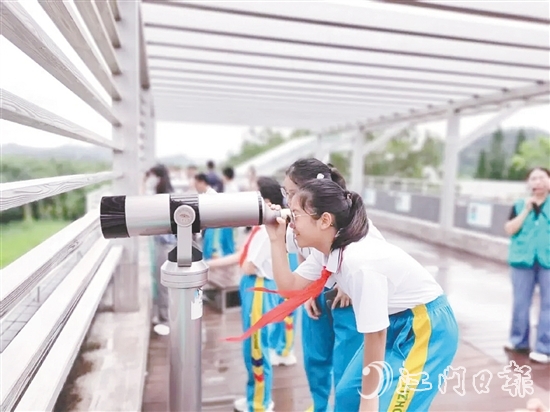 學(xué)生們用望遠(yuǎn)鏡觀察鳥(niǎo)類(lèi)活動(dòng)。