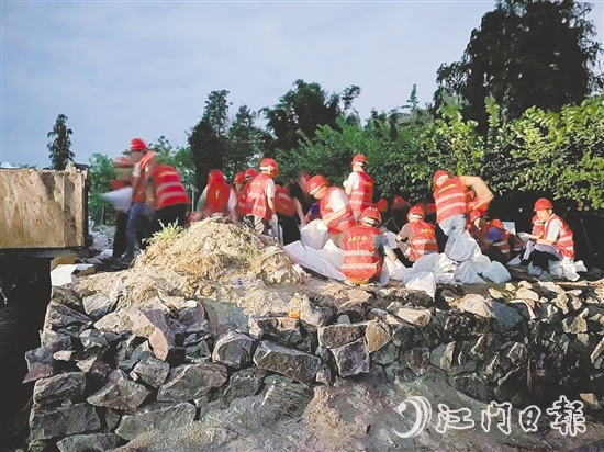 臺風來臨前，在西江大堤重要點位，工作人員裝好4000個沙袋嚴陣以待。