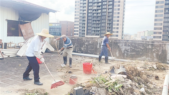 石田村“銀發(fā)行動隊”隊員在清理房頂垃圾。諶磊